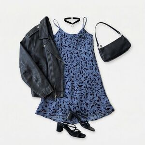 VTG 90s Y2K DBY Ltd. Women's Blue Black Floral Slip Dress Spaghetti Strap Sz 3/S